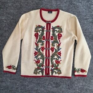 Vrikke Norwegian Sweater Medium 100% Wool Cream Red Floral Embroidery Clasps 90s